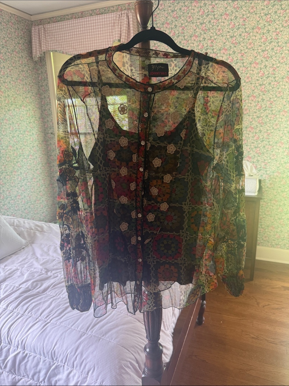 Johnny Was Sheer Black Floral Button-Front Blouse
